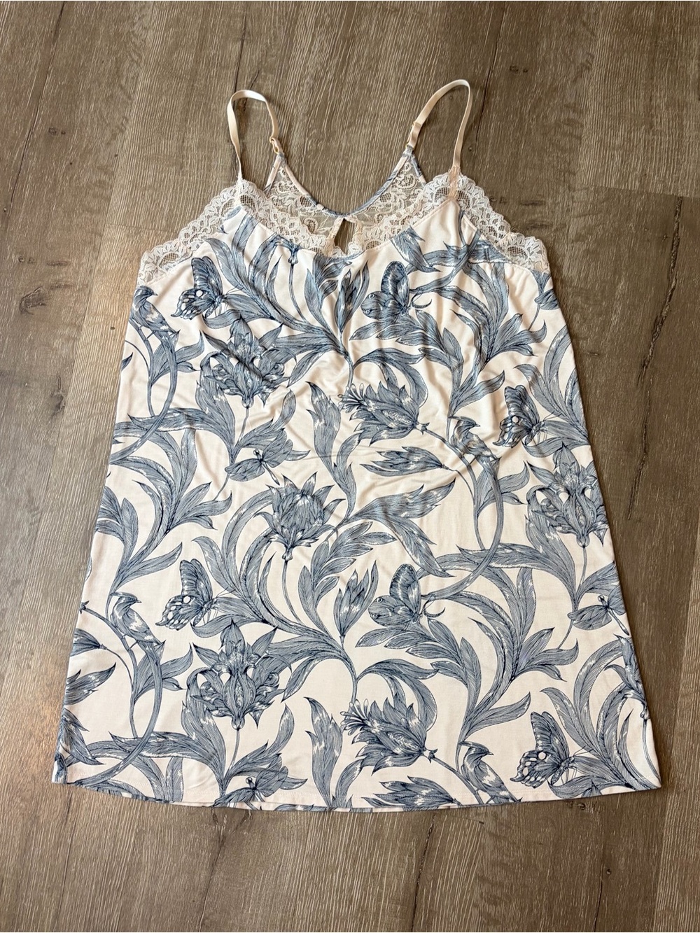 Soma Cool Nights Cream Slip Dress with Navy Botanical Print and Lace Size Xl